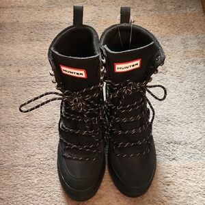 Hunter Black Lace-Up Hiking-Inspired Boots with Red Logo